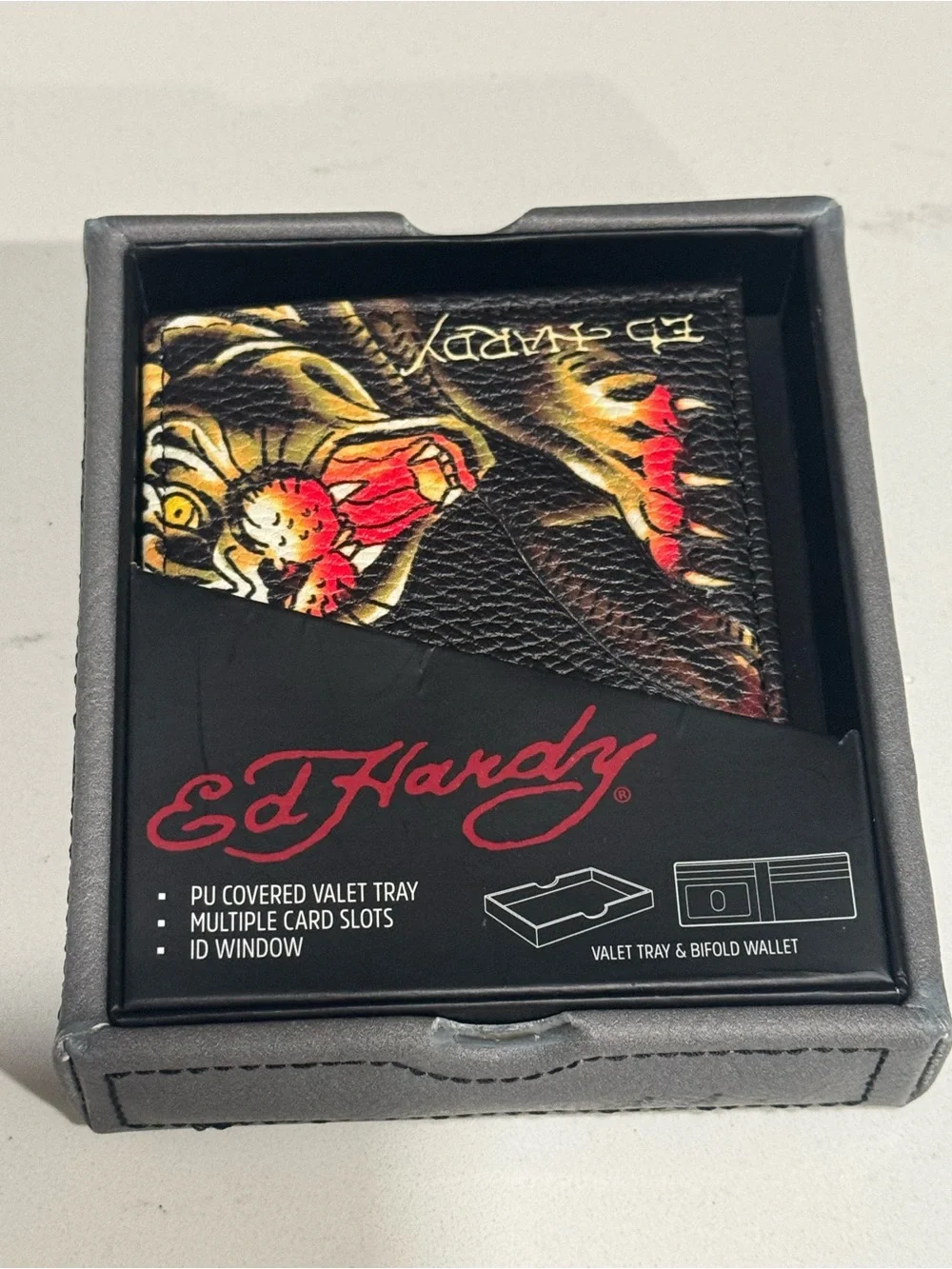 Ed Hardy Black Leather Bifold Wallet with Red and Yellow Flame Tiger Artwork